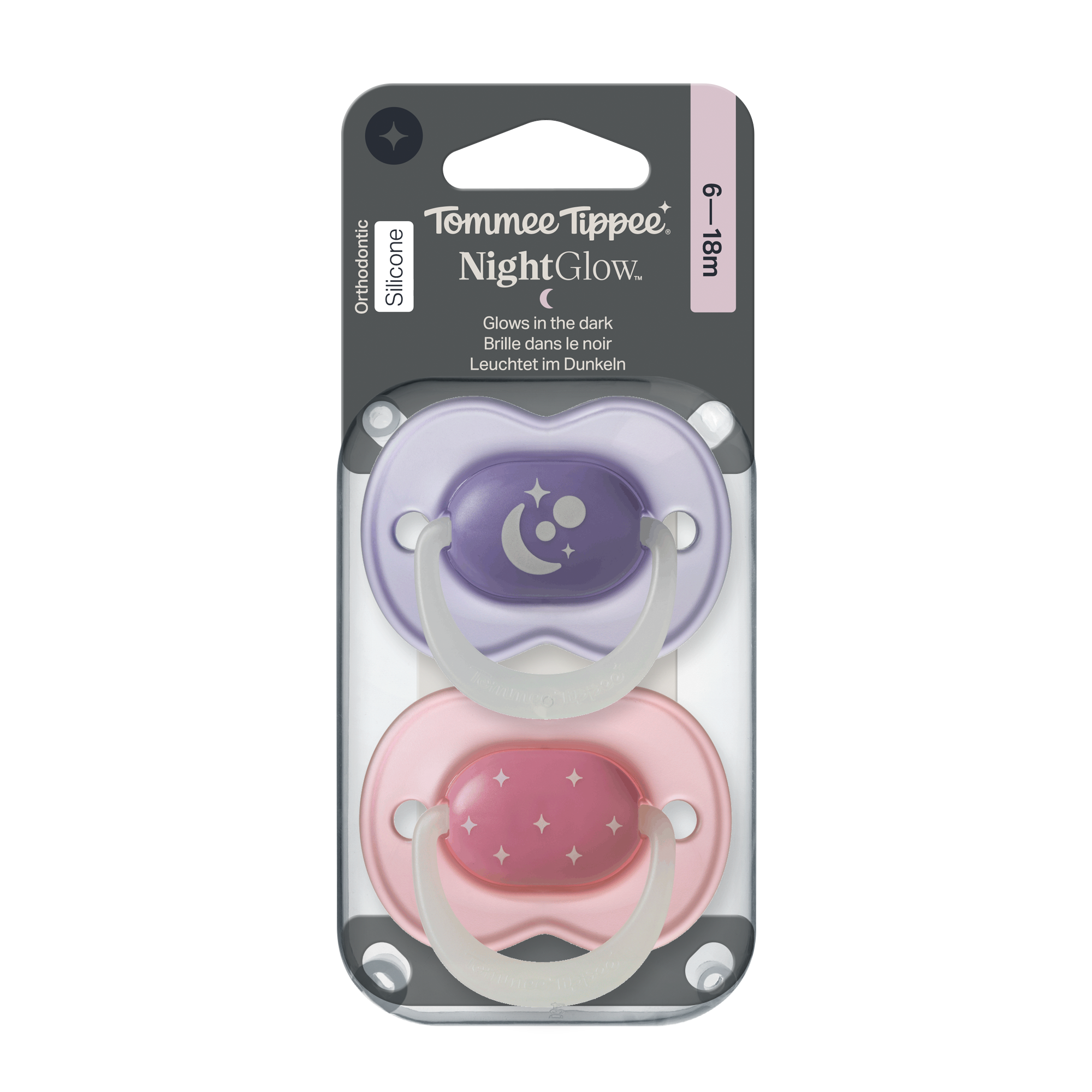 Tommee Tippee Night silikonový dudlík, 6-18m, Girl, 2ks